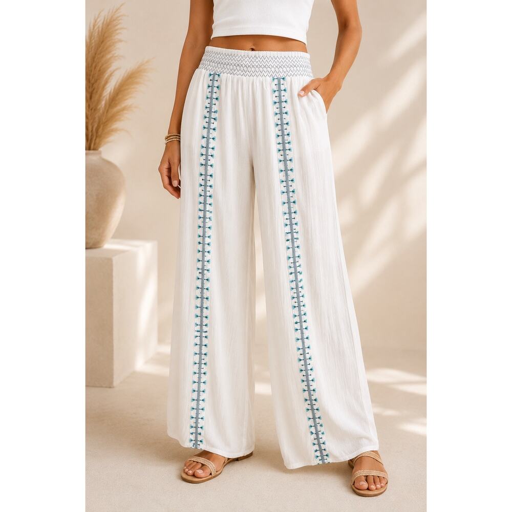 Goa Beachwear by Japna Large White Embroidered Wide Leg Beach Resort Pants